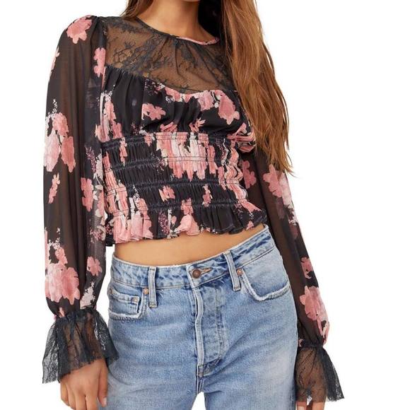 Free People Tops - Free People Daphne Blouse Floral Print Lace Sheer Long Sleeve Blouse